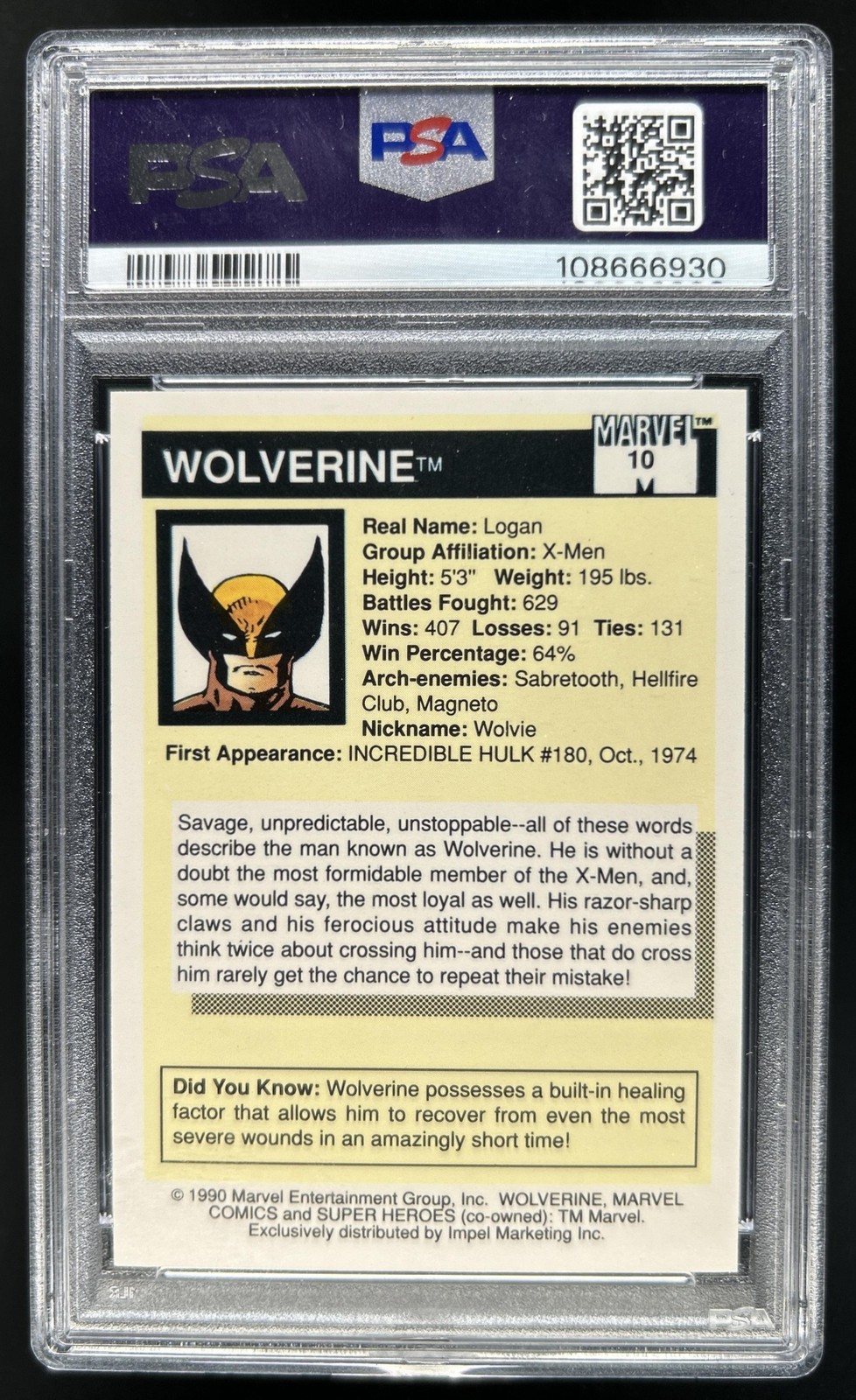 1990 Impel Marvel Universe Wolverine #10 PSA 10 GEM MINT view 2