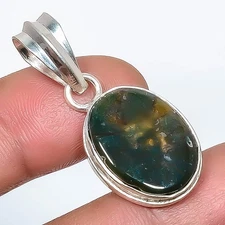 Moss Agate - India Gemstone Silver Plated Jewelry Pendant 1.56" P7622-51