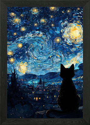Katze blickt in Sternennacht Gemälde gerahmt Wandbild Poster Leinwanddruck Bild