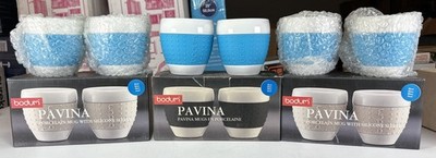 Set Of (6) Bodum Pavina 8oz Porcelain Mugs with Blue Silicone Grip