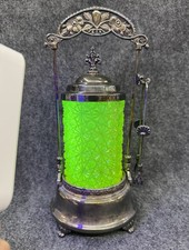 Silverplate Vaseline PICKLE CASTOR w/ Tongs Silver Plate Uranium Glass Canada