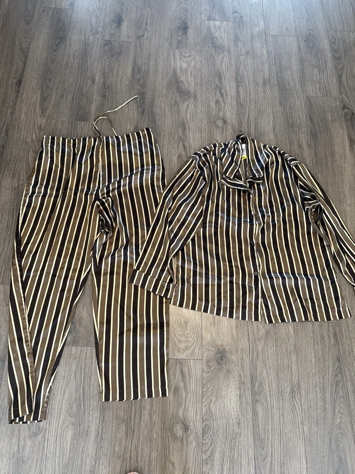 Conjunto de pijama vintage Victoria Secret para mujer L marrón a rayas 100 % poliéster botón Foto 2 de 4