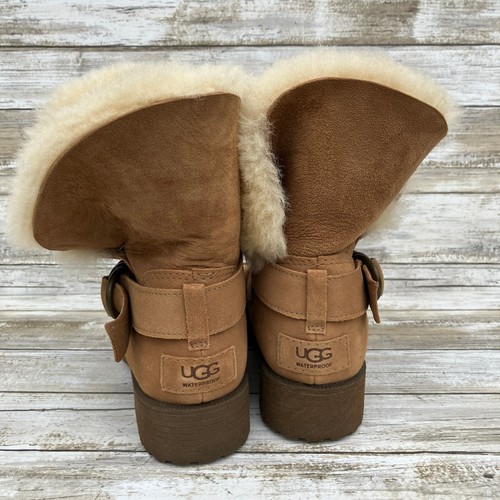 UGG Boots Sz 8 Bodie Brown Waterproof Fold Over Buckle Suede Faux Fur Cozy - Picture 5 of 15