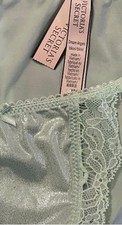 Victoria Secret Mint Metallic Satin Silky w/ Lace Panty String Bikini Panties M