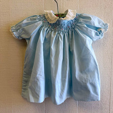 Polly Flinders Girls 3-6M Blue Cotton Smocked Dress Lace Collar Puff Sleeve