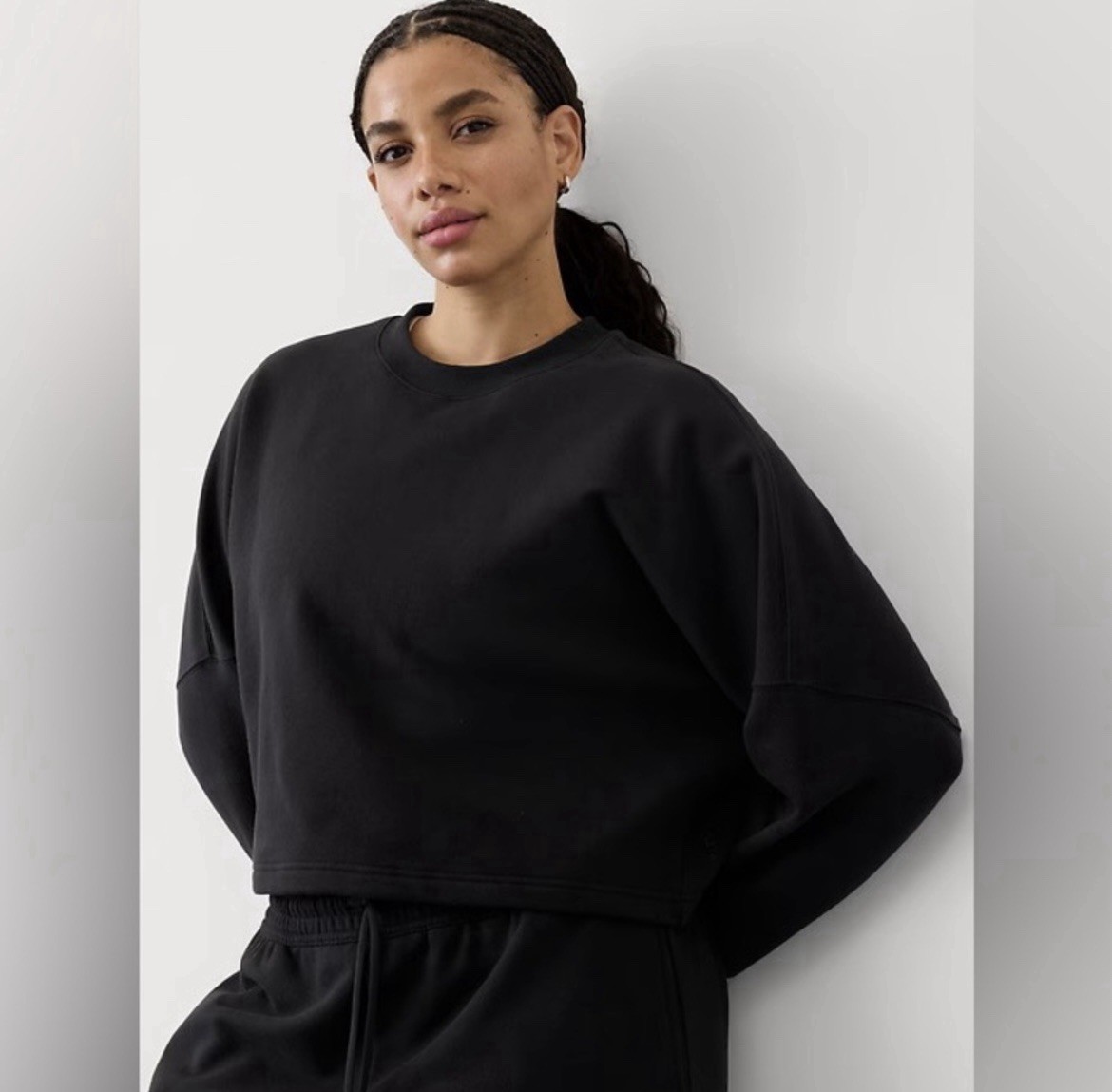 ATHLETA Forever Fleece Dolman Crop Sweatshirt Women's Size S Black