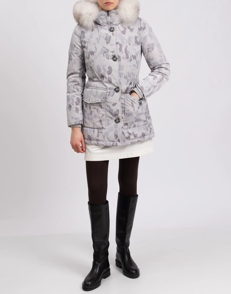 RRP €600 WOOLRICH Down Parka Jacket Size L Grey Camouflage Fox Fur Trim Hooded - Image 3 of 4