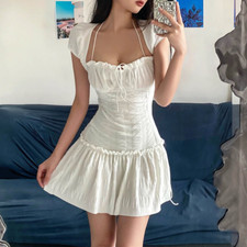 Women's Fashion Trendy  Elegant Square Neck Lace-up Pleated Short-sleeved Dress