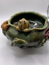 Pottery Frog Majolica Signed Planter Flower water Lotus