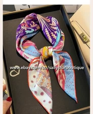 Sally Boutique Pure Twill Silk Wrap Sing Print Square Neck Tie Scarf 68cm Purple