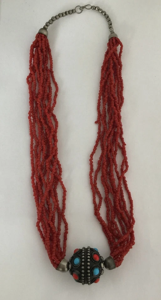 COLLIER MULTI RANG/ PENDENTIF/ MICRO PERLES/ METAL ALLIAGE/ FONTE DE VERRE/ 1970 - Photo 4/4