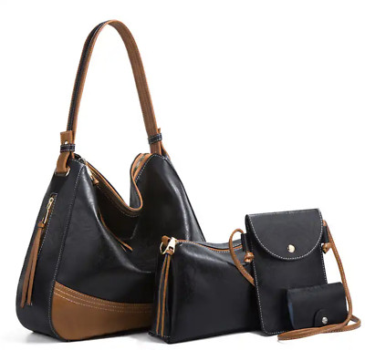 Manhattan Women's Luxury Handbag Set - 4 Pieces, Black/Gold, Geometric Pattern