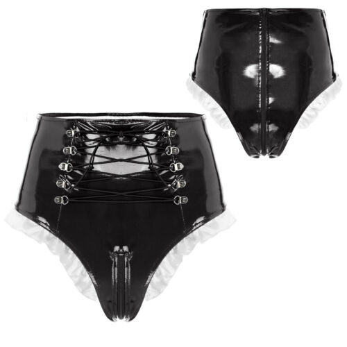 Collant da donna in pelle PVC lucidi frilly cameriere stringate rave abbigliamento da discoteca - Foto 16 di 34