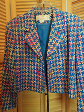 Women's Vtg Doncaster 100 Silk Blazer Jacket Blue Houndstooth Design. Sz 14.