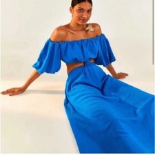 NWT Farm Rio Cutout Waist Blue Linen BlendMIDI Dress Size Medium $200