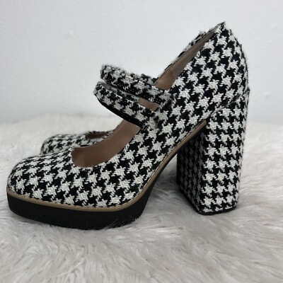 Steve Madden Twice Mary Jane Chunky Platform Heels Houndstooth Tweed Textured 10