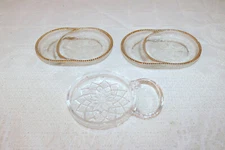 JEANNETTE GLASS HARP USA 7 1/2" Bud Vase Gold Trim Coaster / Ashtrays (5 Pieces)