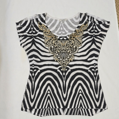 Cache Embellished Black and White Cap Sleeve Blouse S