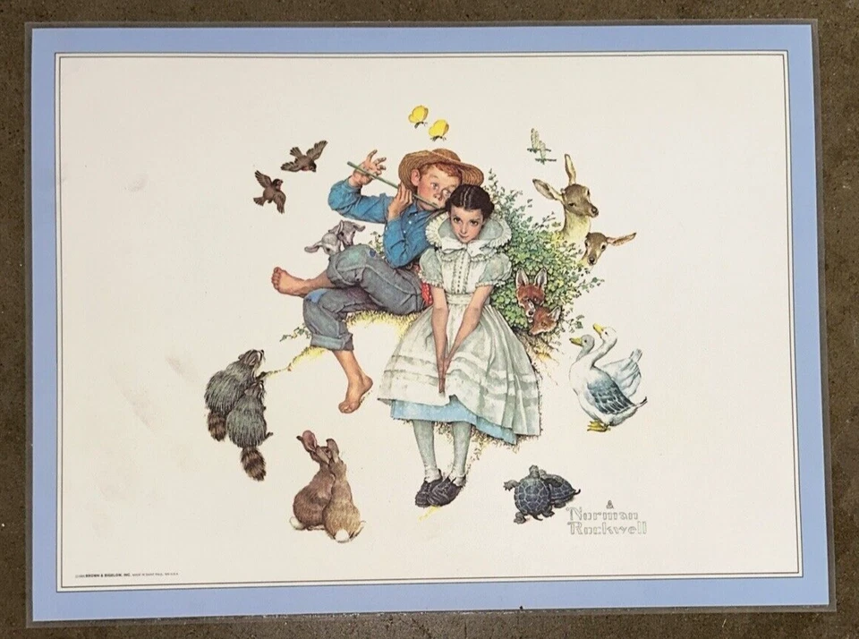 Juego de manteles laminados Norman Rockwell "Ages of Love" x 4 marrón y Bigelow 1989 Foto 3 de 4