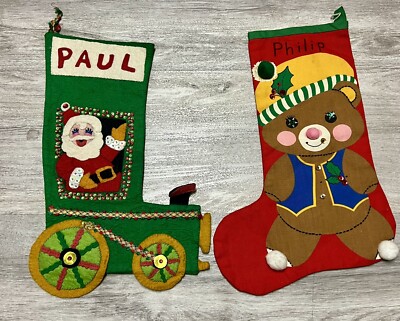 Two Vintage Handmade Stockings Felt Santa & Vintage Christmas Bear Stocking