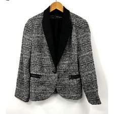 Zara Tweed Blazer Womens L One Button Heather Gray Black Long Sleeve Pockets