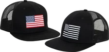 US Flag Trucker Hat Flat Brim Mesh Embroidered USA Snap Back Cap