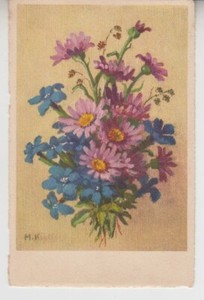 Pink & Blue Flowers Arrangement. Signed by Artist. Stehli Collection 585 Vintage