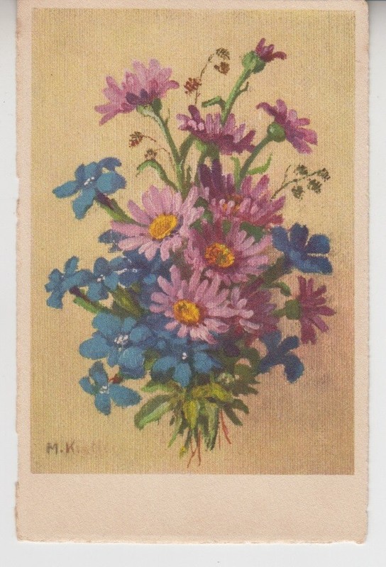 Pink & Blue Flowers Arrangement. Signed by Artist. Stehli Collection 585 Vintage