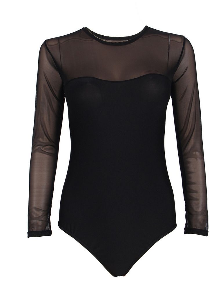 Body Mujer Ropa Con Transparente Tela Negro Cuello Redondo Manga Larga S/M