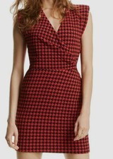 $449 Lini Womens Red Black V-Neck Textured Sleeveless Ruched Sheath Mini Dress S