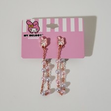 Sanrio Hello Kitty My Melody Faux Pearl Chain Stud Earrings Rose Gold Tone