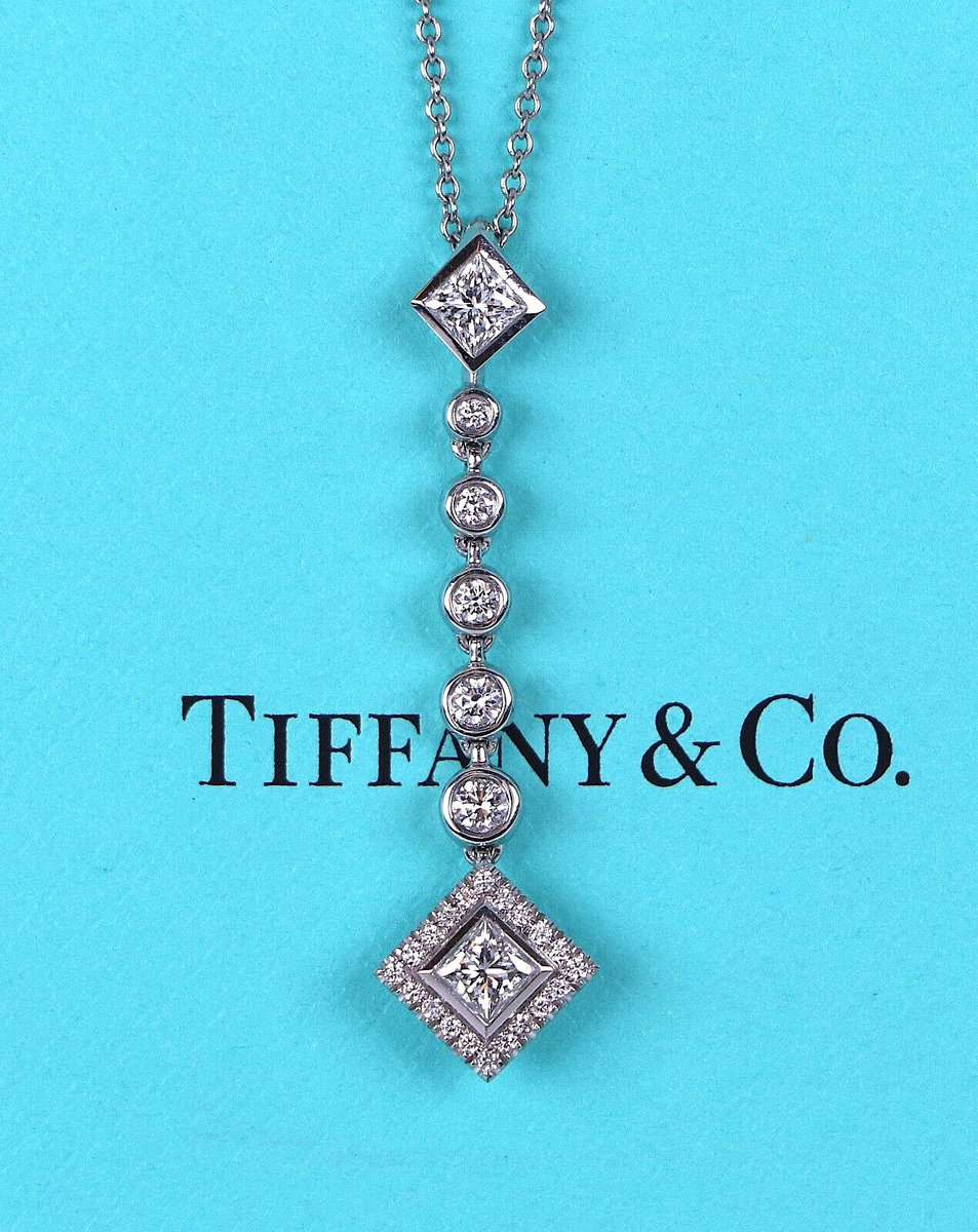 $6,500 Tiffany Co Platinum Princess Diamond Grace Drop Pendant Necklace  16