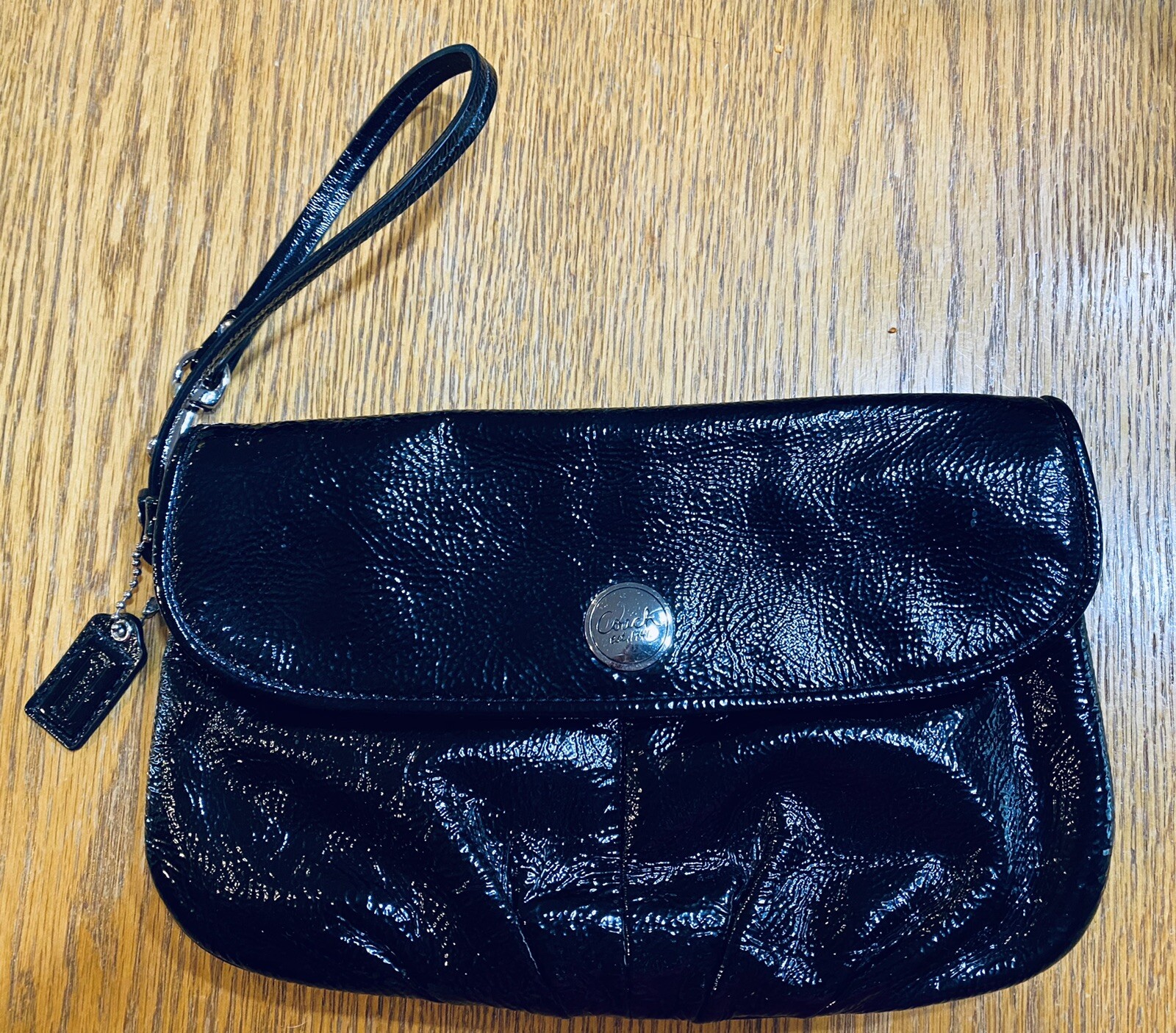 Coach Pleated Black Patent Leather Wristlet Purse… - image 1