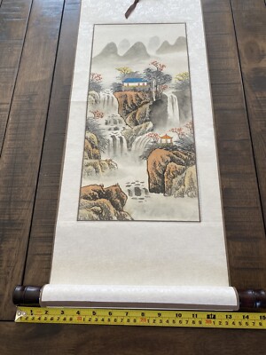 JAPANESE WATERCOLOR SCROLL ART Painting Landscape #1084 VINTAGE