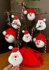 (3) Sparkly Yarn "Snowman Head" & (4) "Santa Head" + (6) Candy Cane Ornaments