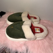 Green Christmas Slip-On Women's Slippers White Faux Fur Lined Embroidered 41