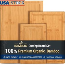 Bamboo Cutting Boards Set of 3 Juice Groove Knife-Friendly Eco Kitchen Tools New