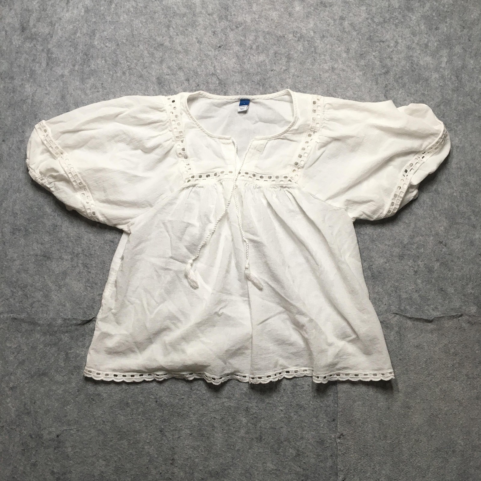 Old Navy Blouse Womens Large White Crochet Puff Sleeve Boho Peasant Top