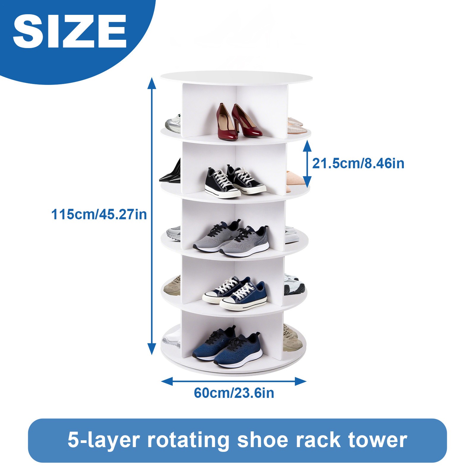 Rotating Shoe Rack Tower 5 Tier Organizer, Revolving 360 White Shoe Rack Storage