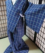 Indigo Plaid Single Kimono Jacket, Traditional Japanese erwear, Unlined