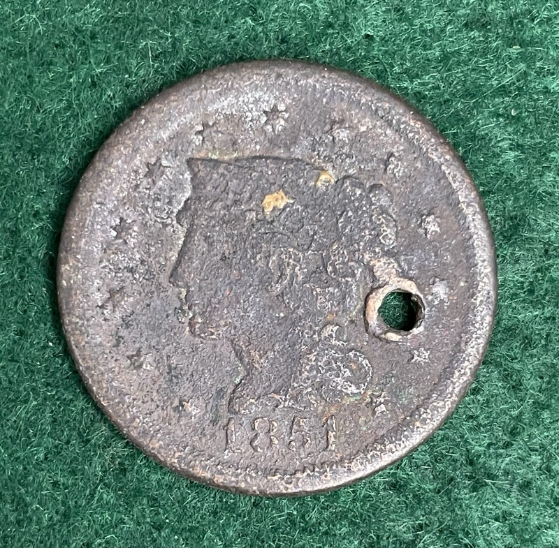 1851 Braided Hair Large Cent (HOLED)