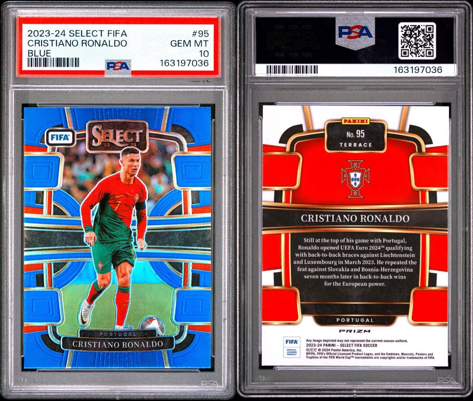 2023-24 Panini Select FIFA Cristiano Ronaldo #95 Blue PSA 10 GEM MINT view 3