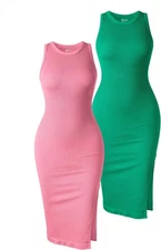 OQQ Women's Dress Sexy Ribbed Halter Neck Fashion Split Tank Tops Dress 2Pcs MED