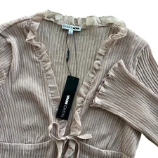 Fashion Nova Women XL Taupe Tan Long Sleeve Ruffle Tie Front Giulette Blouse Top