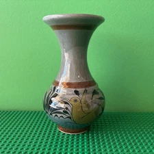 TONALA MEXICAN POTTERY VASE BLUE GREEN WITH BIRD
