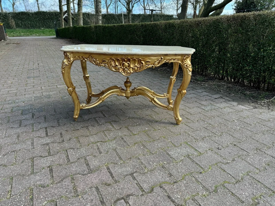 Mesa de centro estilo Luis XVI años 40 madera de haya hoja de oro mármol italiano Foto 2 de 4