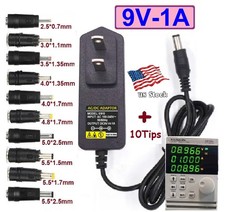 AC/DC 9V 1A Power Supply Adapter Charger with 10 Sizes DC Plug Tips
