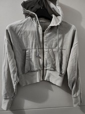 Zara Sweatshirt Womens M Gray Crop Full Zip Hoodie Wide Boxy Terry Cotton Blend