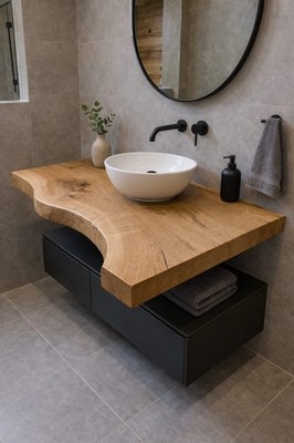 Bathroom vanity top, solid oak, live edge, 100x65x6 cm   rustic floating sink sh