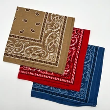 Vintage Bandannas Lot of 3 Tan Red Cobalt Blue RN13950 Unused Set